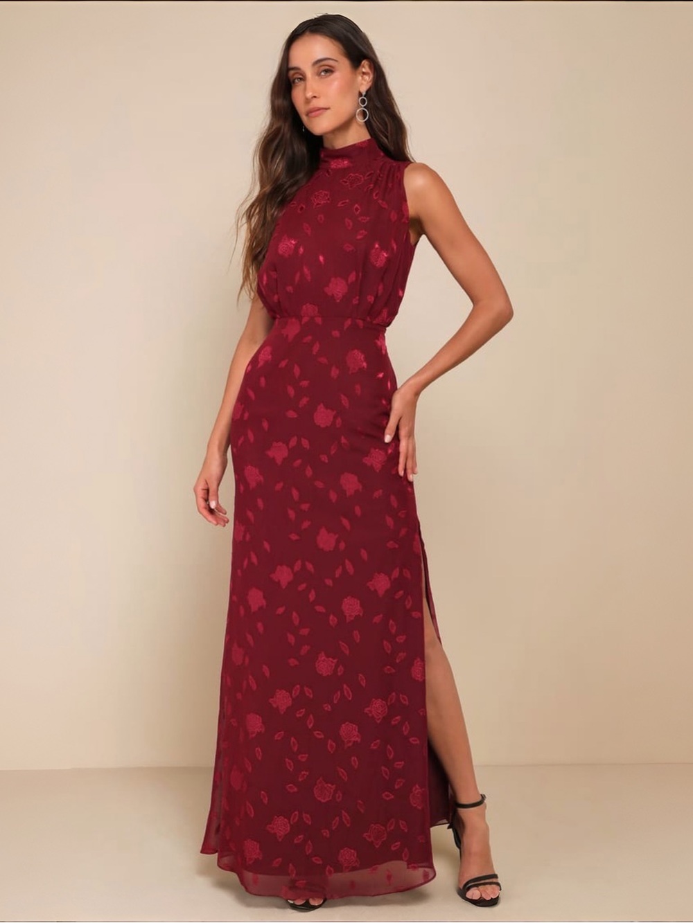 Lulus Classic Elegance Burgundy Burnout Mock Neck Maxi Dress Sz M NWT